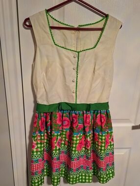 60's/70's Miss Elliette Cream and Green Floral Fit-and-Flare Dress